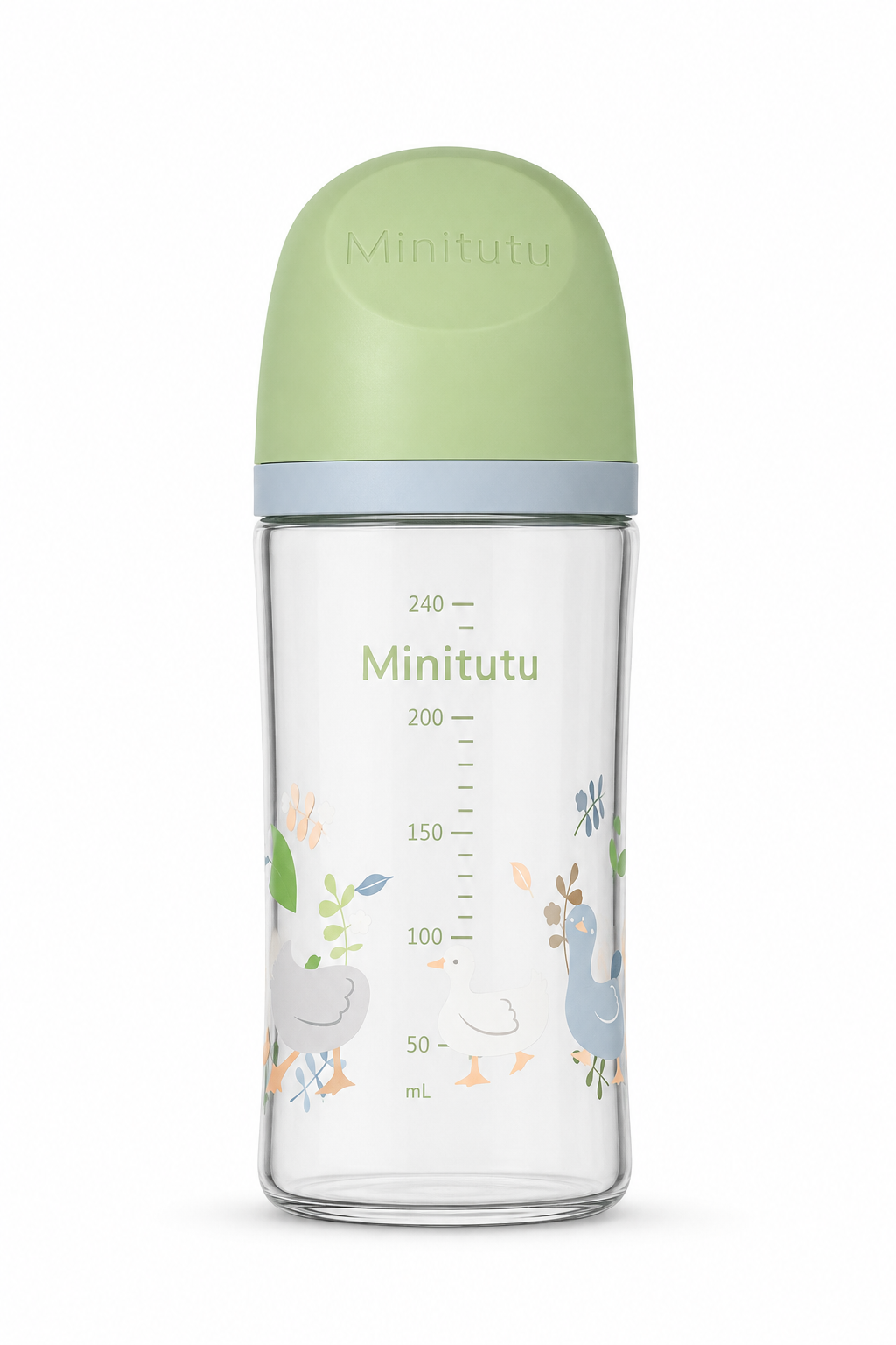 Minitutu 240ml Anti-Falling Glass Baby Feeding Bottle | BPA Free Medium Borosilicate Glass | Soft Silicone Nipple | 3+ Months | Model CB526